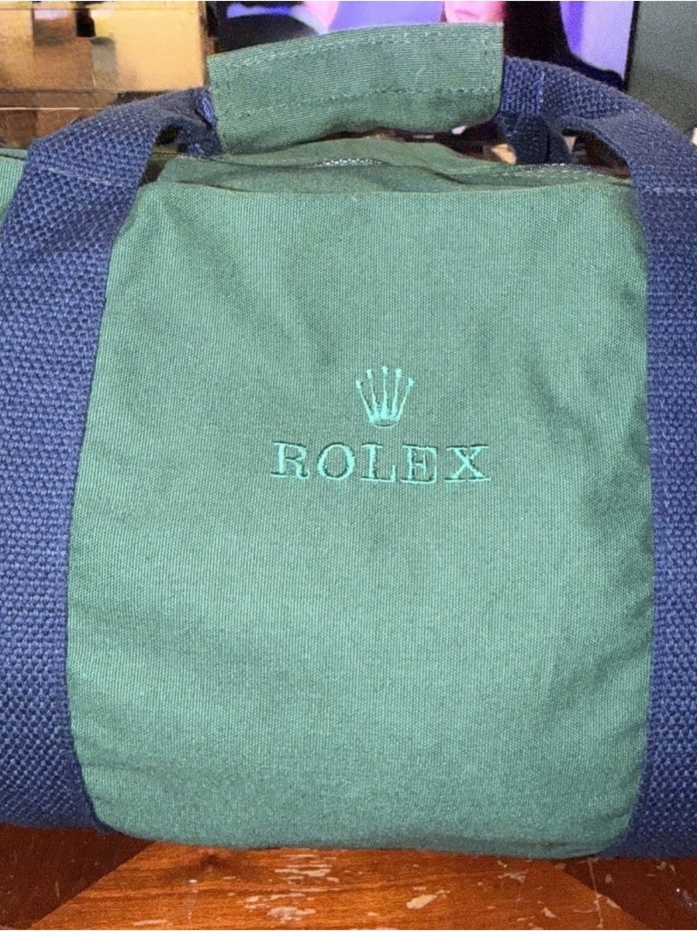 Vintage Rolex Duffle Bag Canvas Promotional Travel Gym Green W/ Blue Trim Strap - Picture 2 of 12